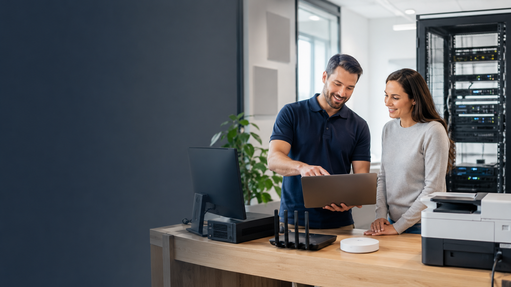 Un technicien et une cliente regardant un ordinateur portable